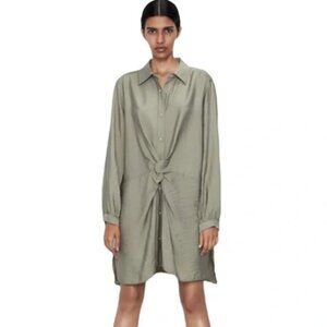 Zara Long Sleeve Peplum Button Snap Front Twist Knot Dress Tunic Knee Length L
